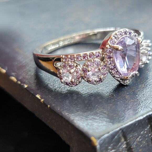 Elegant Rhodium-Plated Size 9 Twisted Band Ring with Simulated Amethyst - Picture 2 of 11